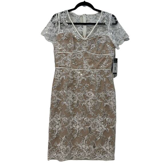 NWT SHANI $432 White Lace Silver Sequin Overlay Cocktail Dress Size 6 - Picture 2 of 8